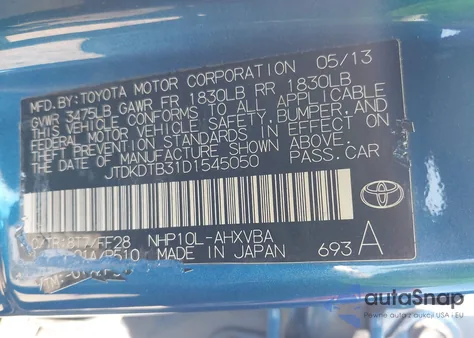 2013 Toyota Prius C Four/One/Three/Two z USA, uszkodzony, nr VIN JTDKDTB31D1545050